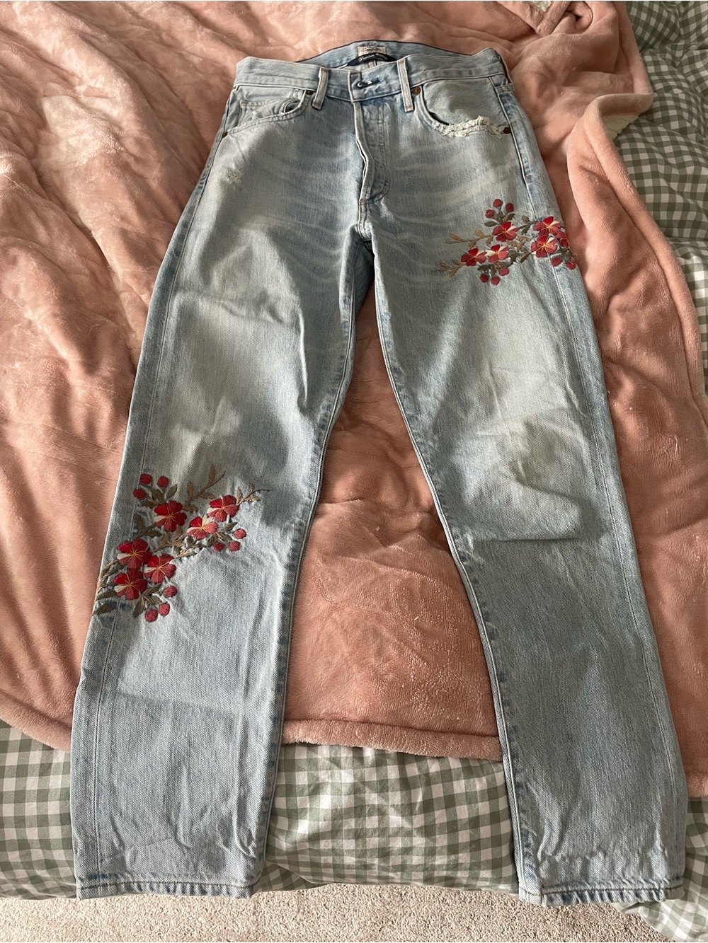 Citizens Of Humanity Light Wash Straight-Leg Jeans with Red Floral Embroidery